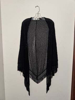 Vintage Scala Hand Beaded Black Silk Fringe Evening Shawl Wrap